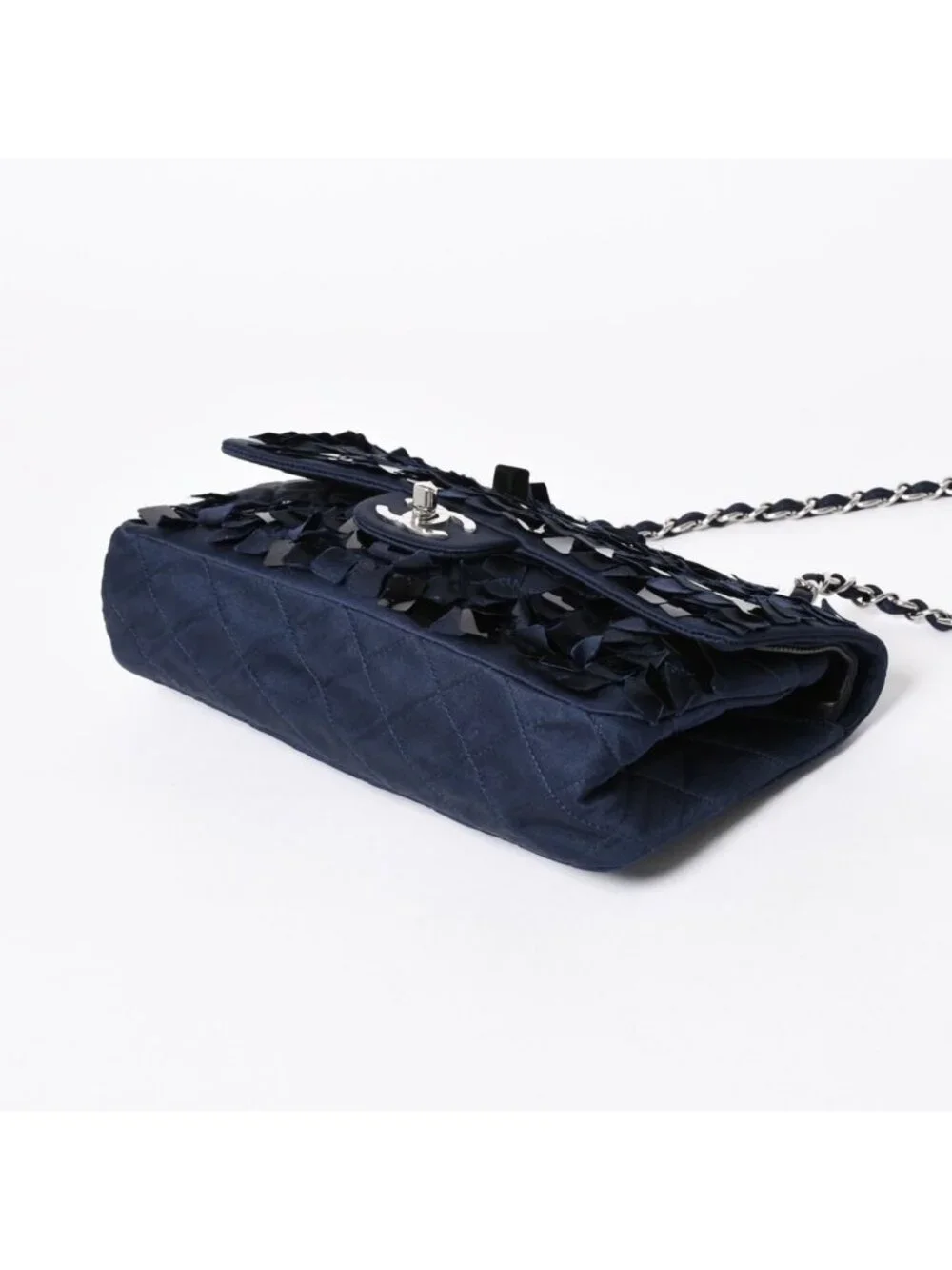 Chanel Quilted 25 Double Flap Chain Shoulder Bag CC Logo Satin Sequin Navy